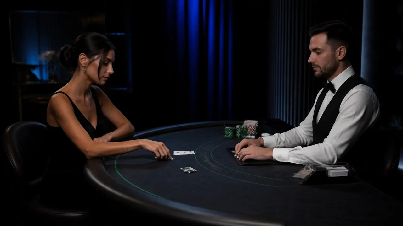 Sesión nocturna en una mesa de casino en vivo con jugadores adultos