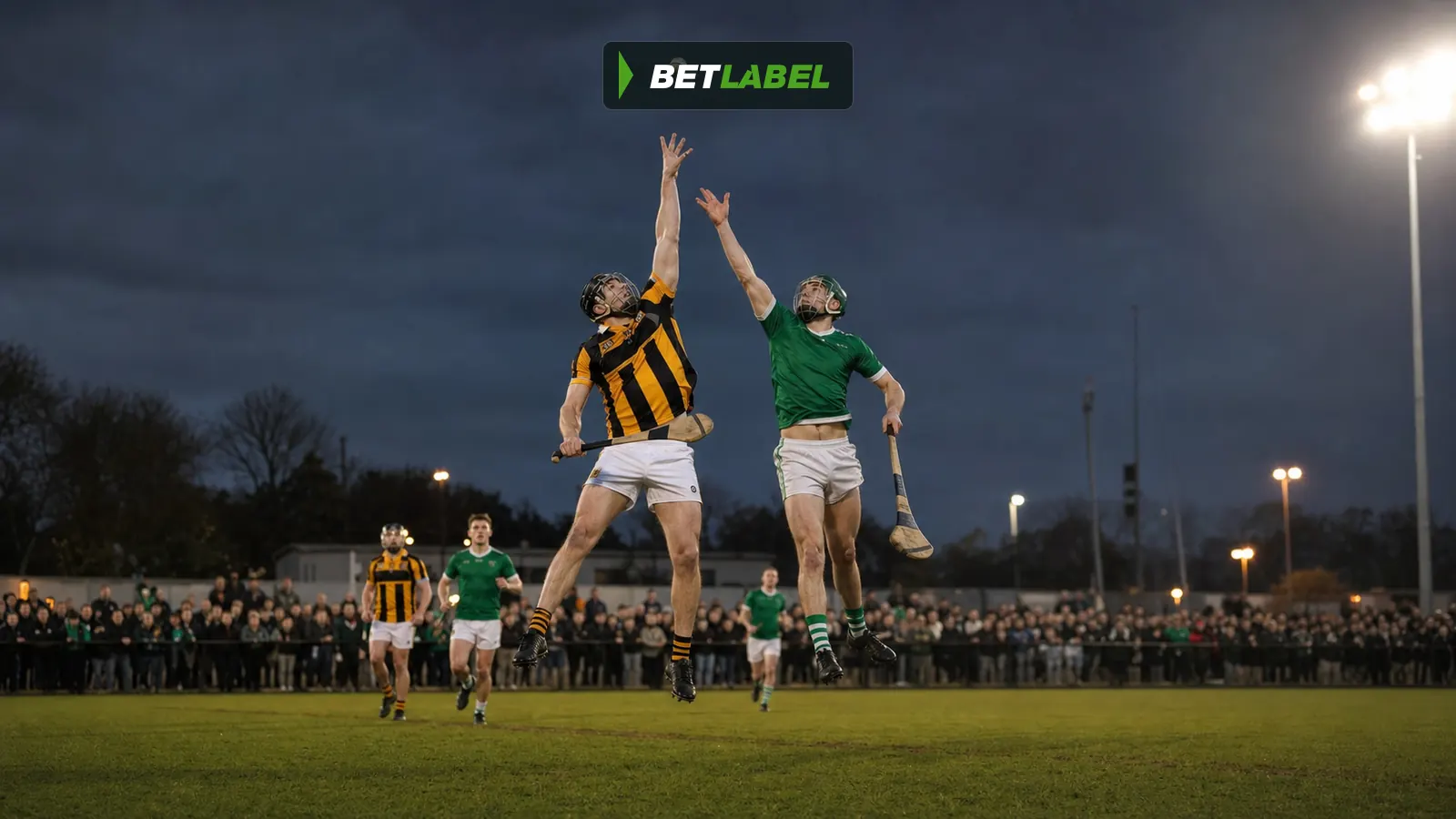 Hurling players contest a ball under floodlights in Ireland