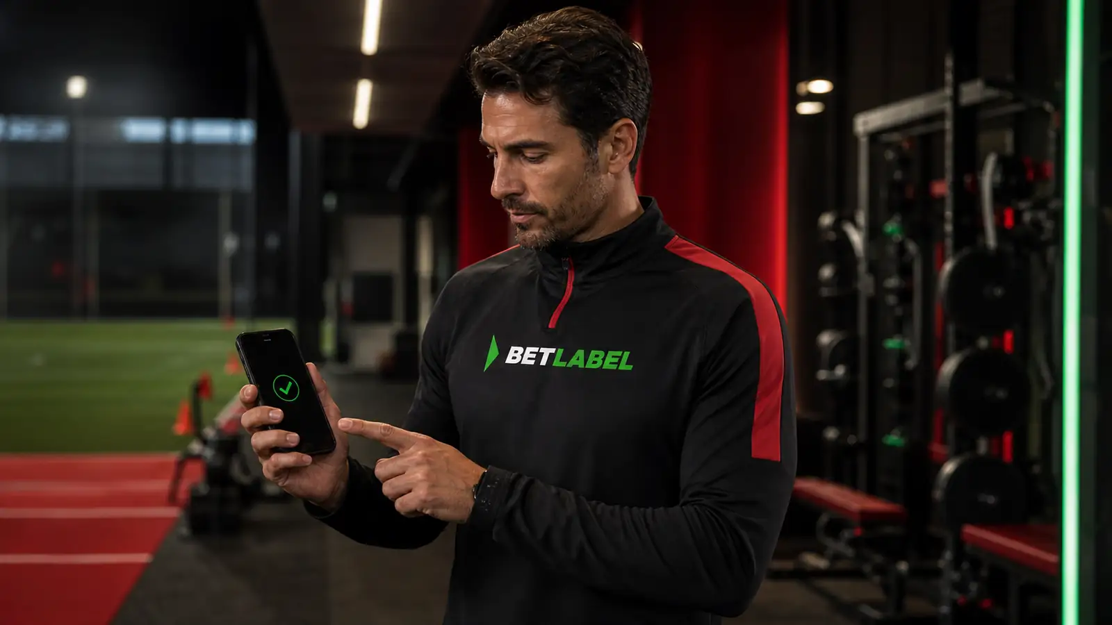 Corredor adulto gere a conta BetLabel no smartphone após uma prova