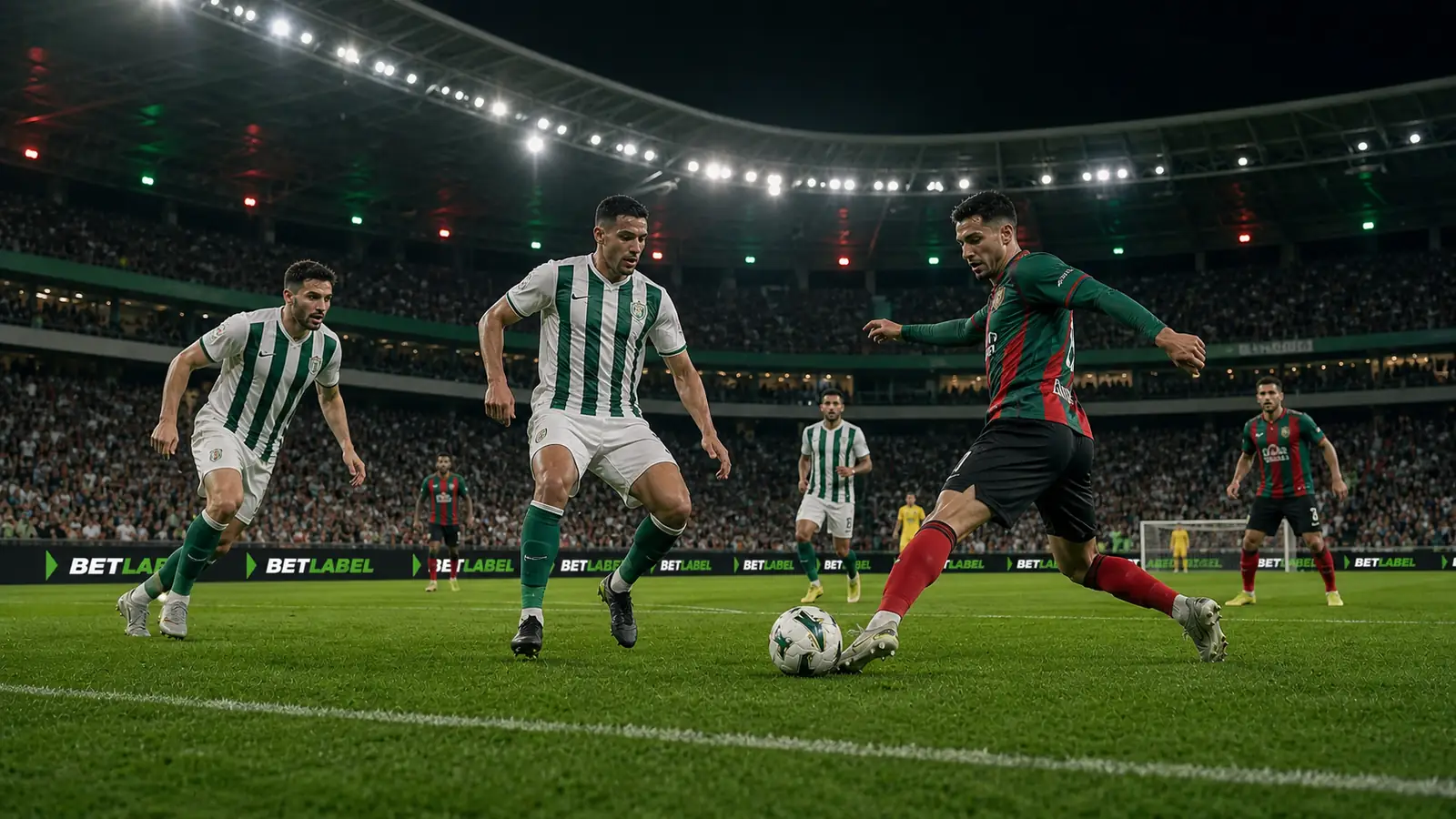 Partida de futebol portuguesa vista ao nível do relvado com a marca BetLabel