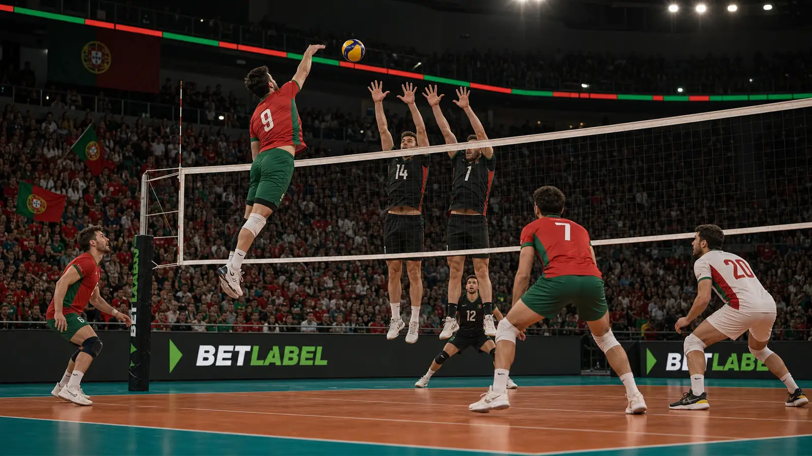 Jogadores adultos de voleibol diante da rede num pavilhão português