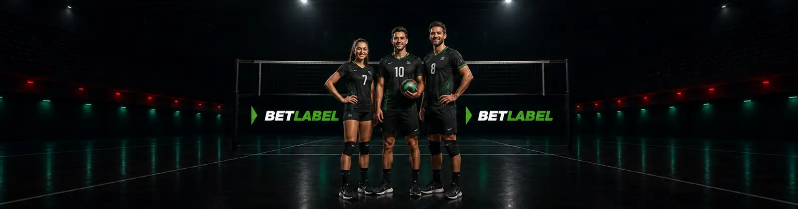 Jogadores adultos de voleibol ao centro de um pavilhão português com a marca BetLabel